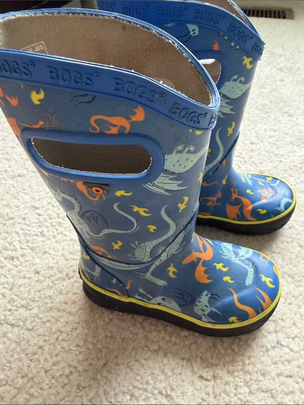 Bogs Kids Blue Dragon & Sea Creature Rain Boots with Orange Accents